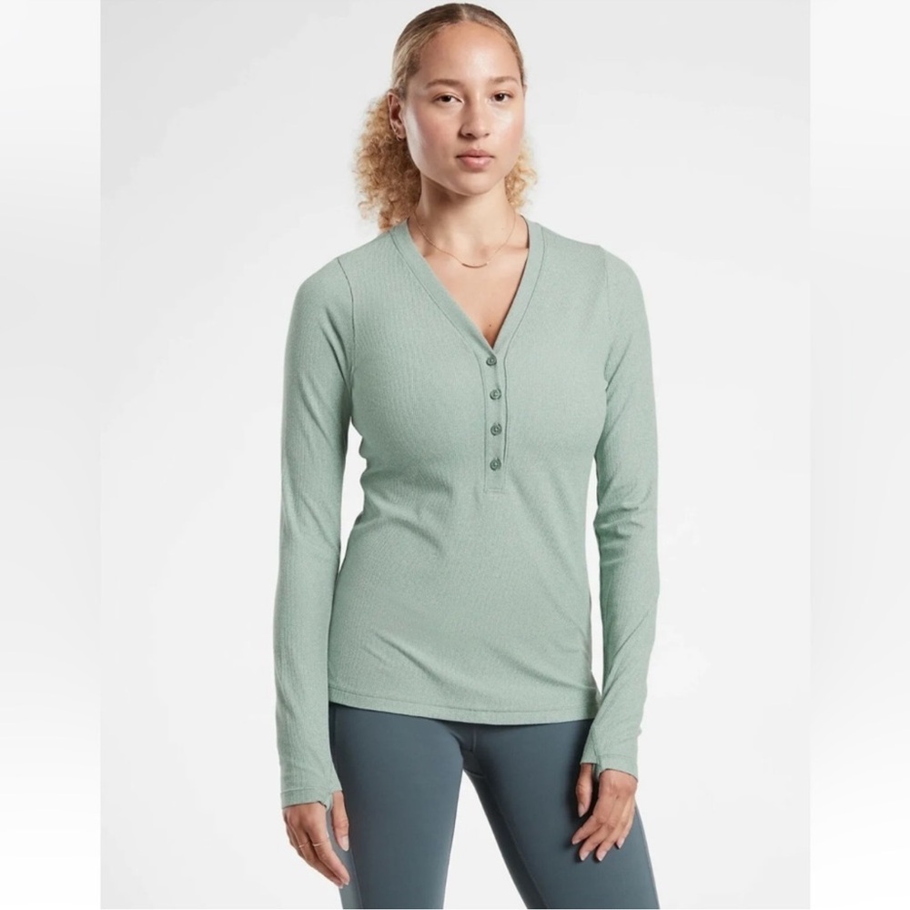 Athleta Uptempo Ribbed Henley Top In Minimalistic Gray Green ribbed